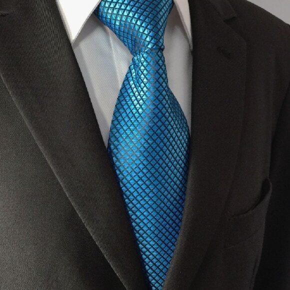 New Blue Black Diamonds Stripe Check Plaid Design 100% SILK TIE - Picture 5 of 5